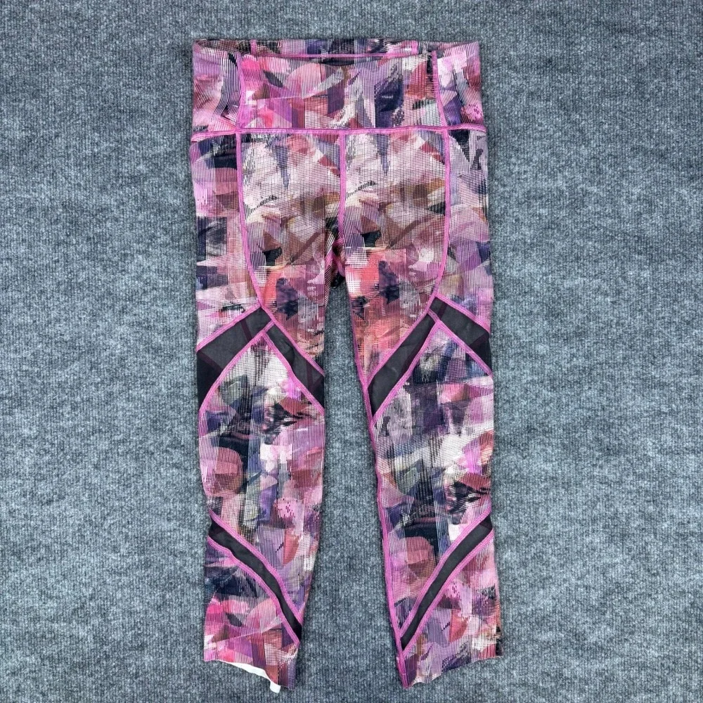 Lululemon On Pace Crop Leggings Size 4 Sun‎ Dazed Multi Pink Print Mesh Athletic
